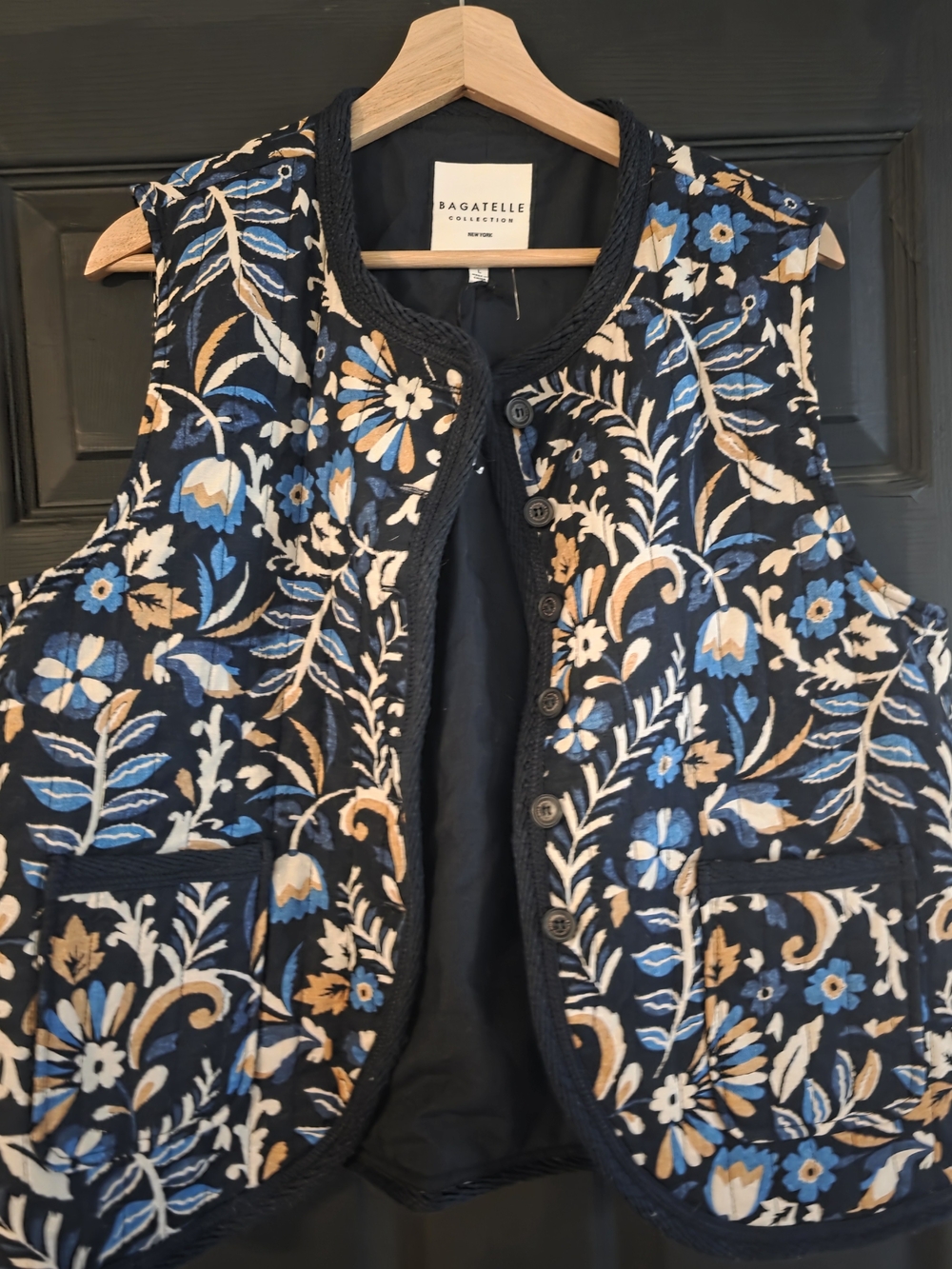 Bagatelle Black Floral Quilted Vest with Blue and Tan Accents